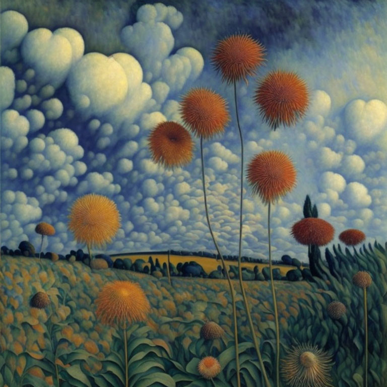 Surrealist painting: Whimsical dandelion-like flowers in a sky of cumulus clouds