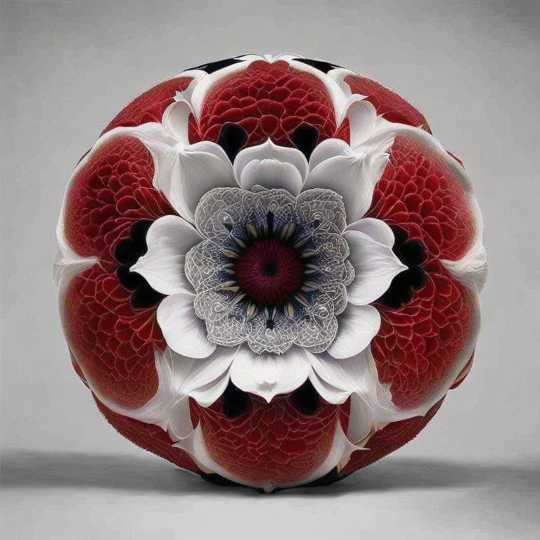 Symmetrical spherical floral pattern with red, white, and purple petals and detailed eye-like center