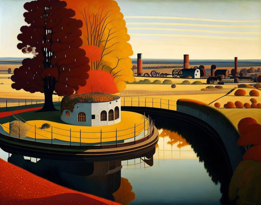 Autumn Landscape Painting: White House, Red Trees, Bridge, Factories