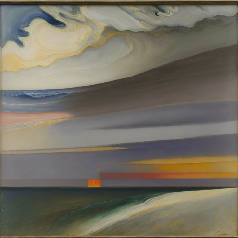 Abstract Painting: Serene Landscape with Wavy Lines and Swirling Sky