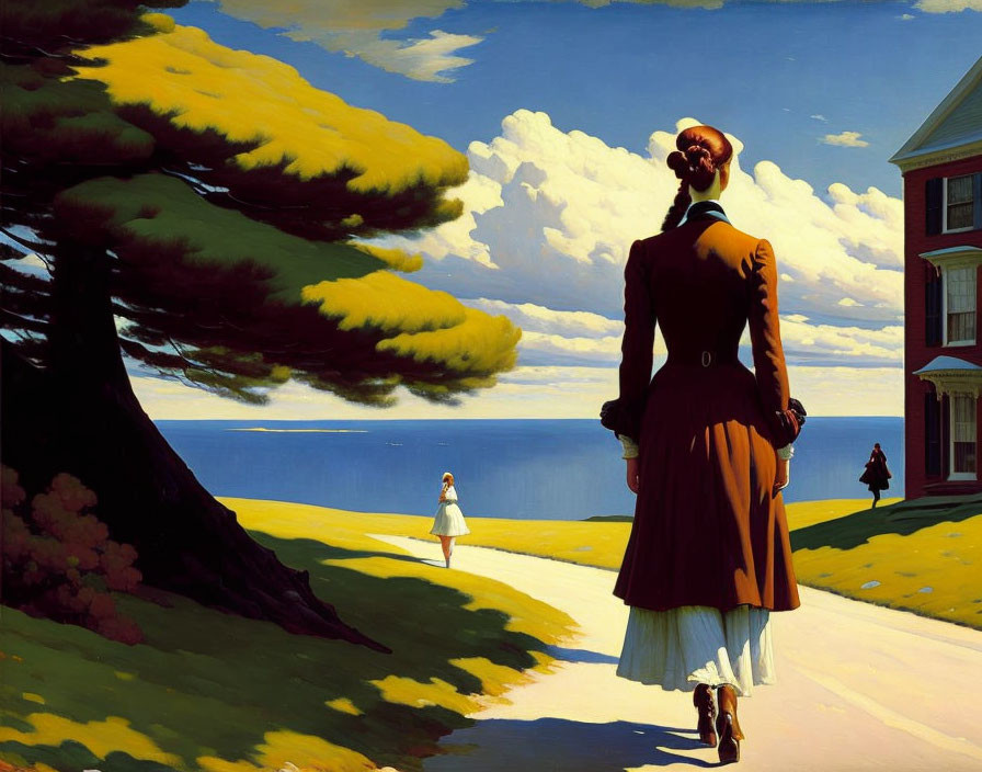 Woman in brown jacket and white skirt on seaside path near house with vibrant blue sky.