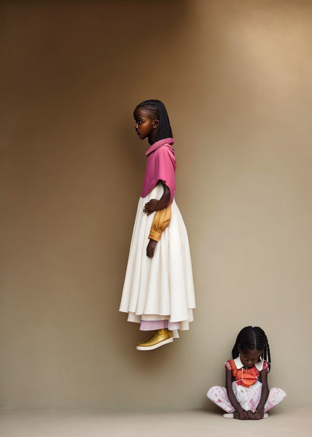 Two girls in pink and white outfits in surreal scene.