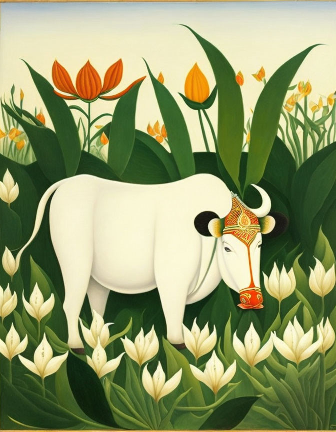 Stylized white cow with colorful headpiece in lush green setting