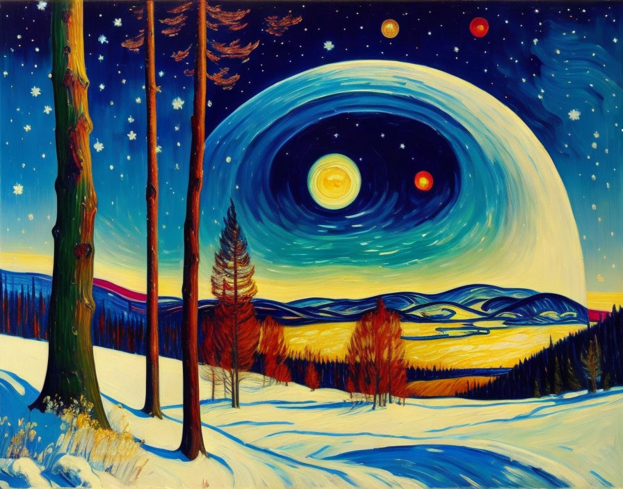 Stylized night landscape painting with starry sky and snowy terrain