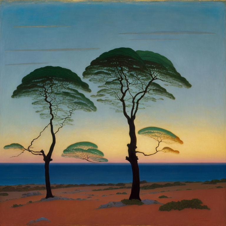 Sunset landscape with two slender trees and ocean horizon