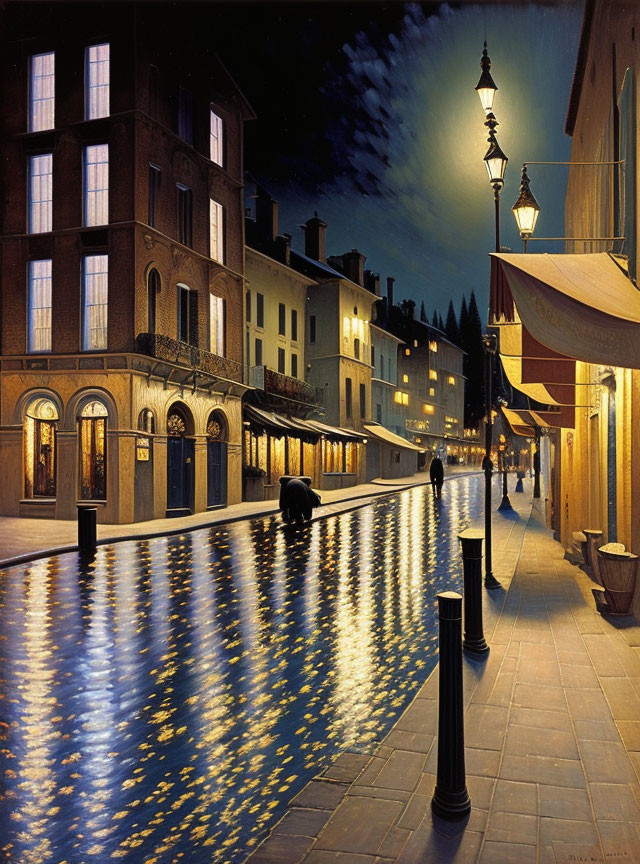 Moonlit Street Scene with Cobblestones and Illuminated Buildings