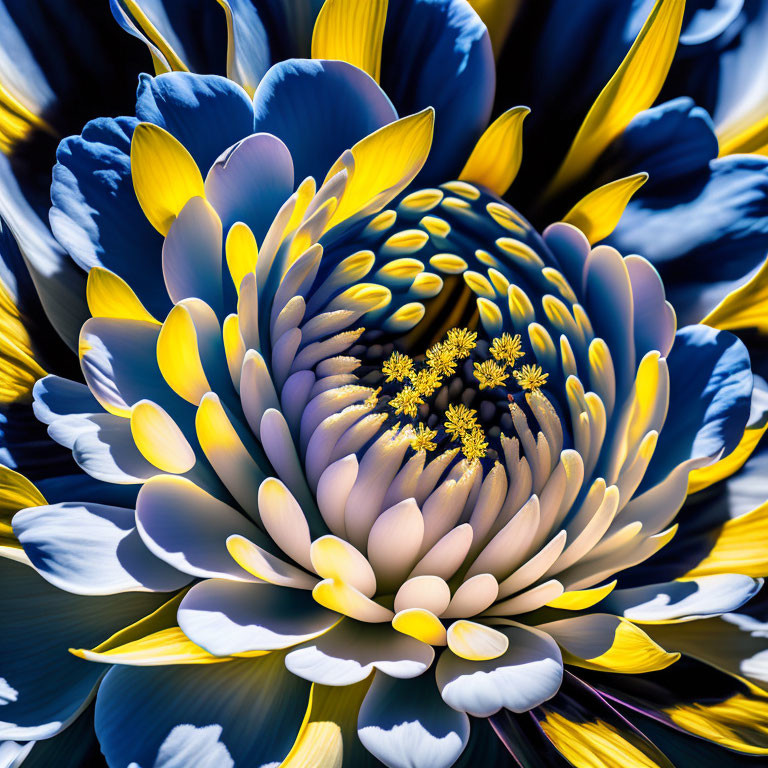 Vibrant surreal fractal art of yellow and blue flower pattern