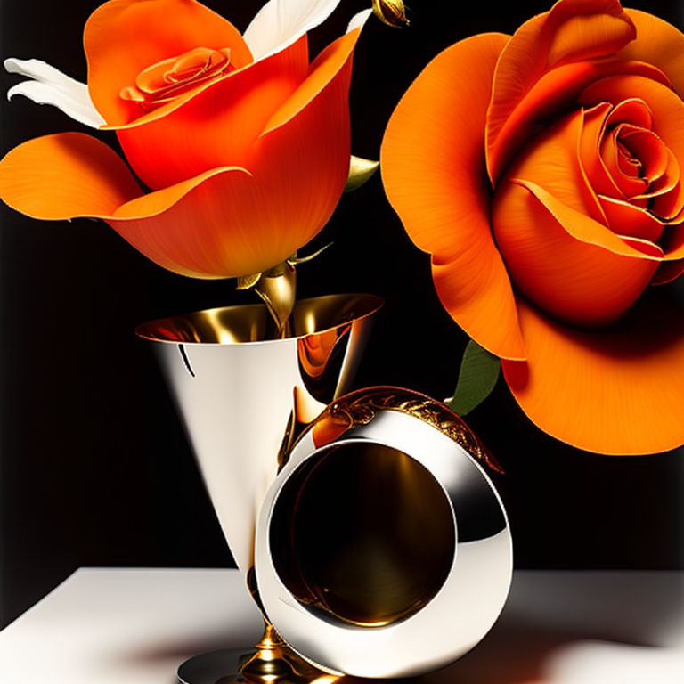 Vibrant orange roses in gold vases on dark background