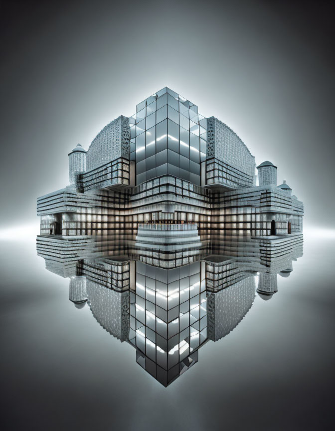 Symmetrical futuristic building reflecting on water.