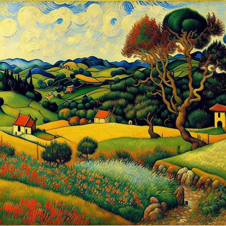 Colorful painting of hilly rural landscape with swirling skies and quaint houses