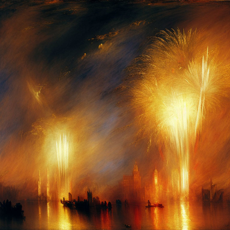 Nighttime fireworks display over water with silhouetted buildings and boats