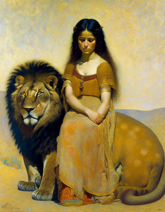 Serene woman in yellow dress with majestic lion on creamy yellow background