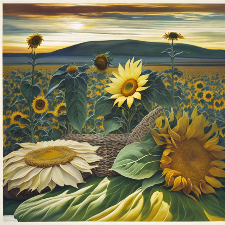 Sunflower Field Painting with Hat Against Hills and Gradient Sky