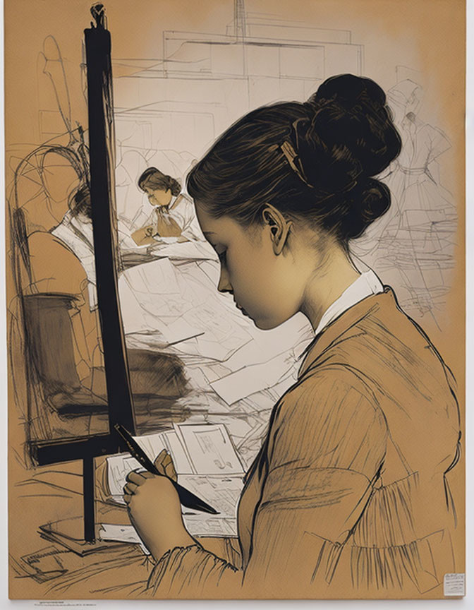 Woman in orange top drawing at easel with architectural sketches.