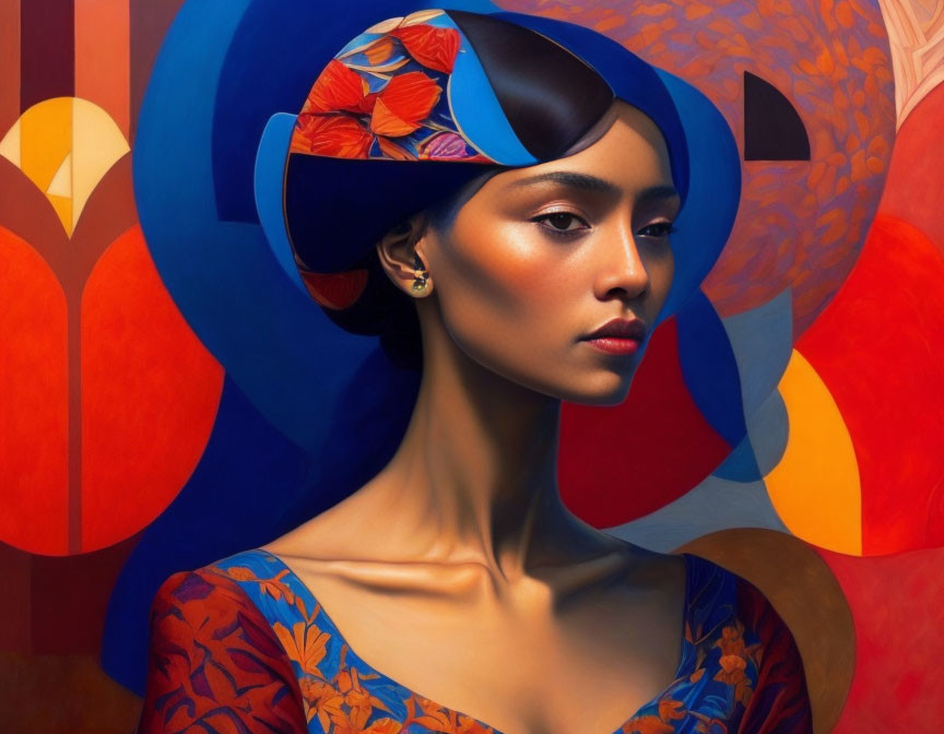 Woman in Blue Headpiece and Floral Dress Against Colorful Abstract Background