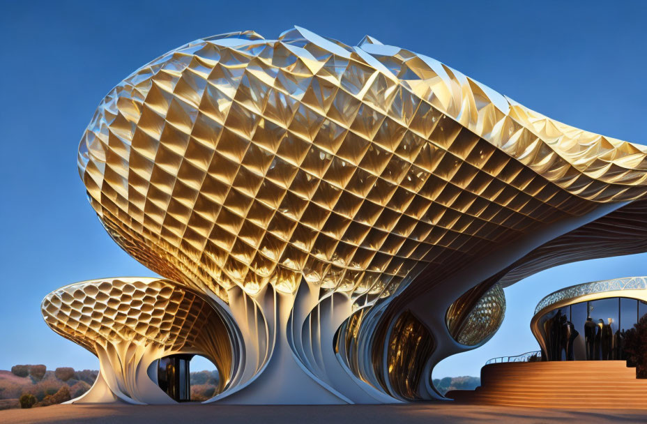 Modern building with gold honeycomb facade and white flowing supports against blue sky