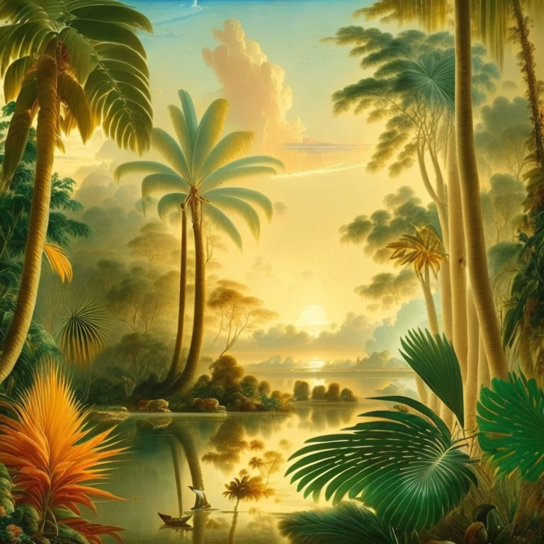 Tranquil tropical landscape with palm trees and calm river