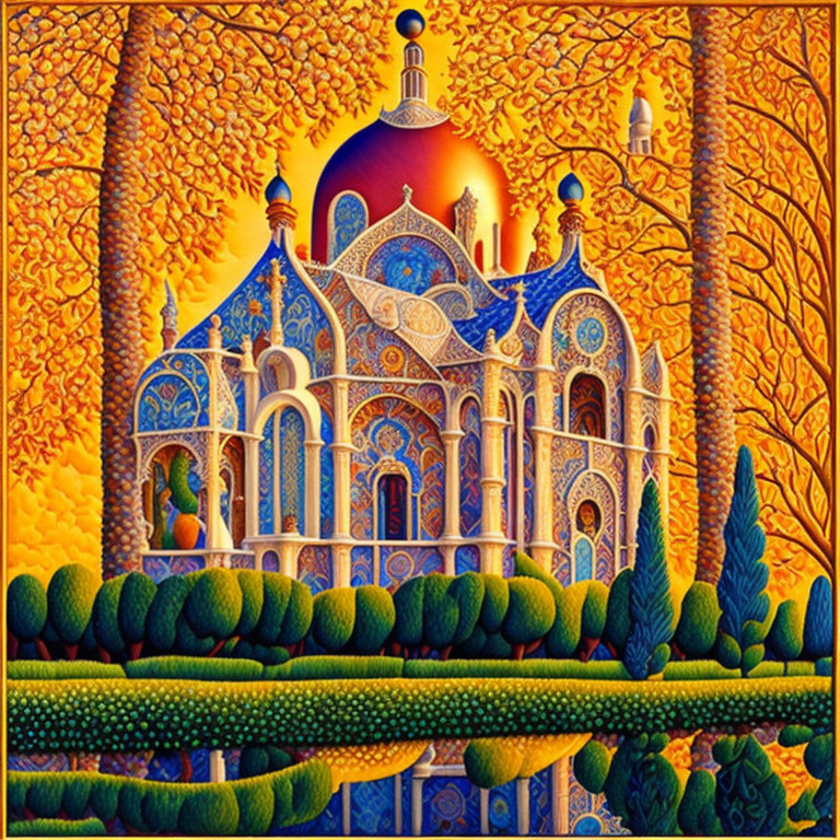 Fantastical palace illustration with blue mosaics and golden gardens