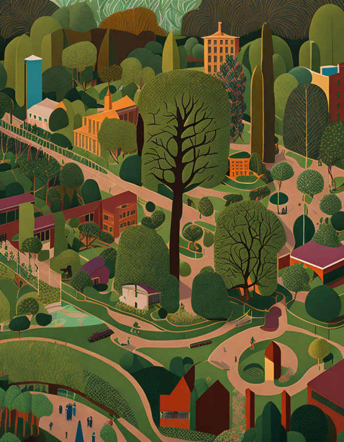 Stylized greenery-rich town with buildings, trees, train, and walkways