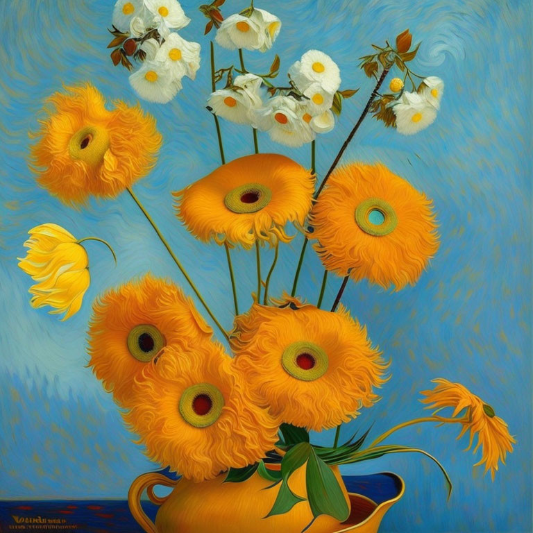 Vivid yellow and white flower bouquet on textured blue background