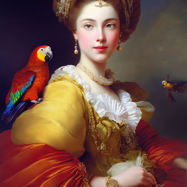 18th-Century-Style Portrait of Woman with Scarlet Macaw and Bird in Flight