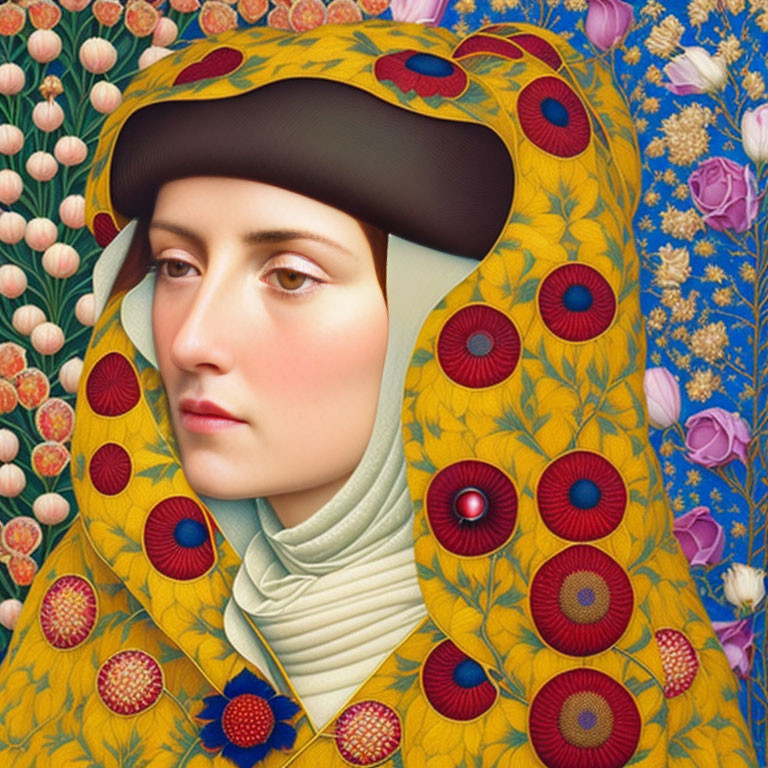 Detailed portrait of woman in yellow shawl with red and blue flowers against floral backdrop