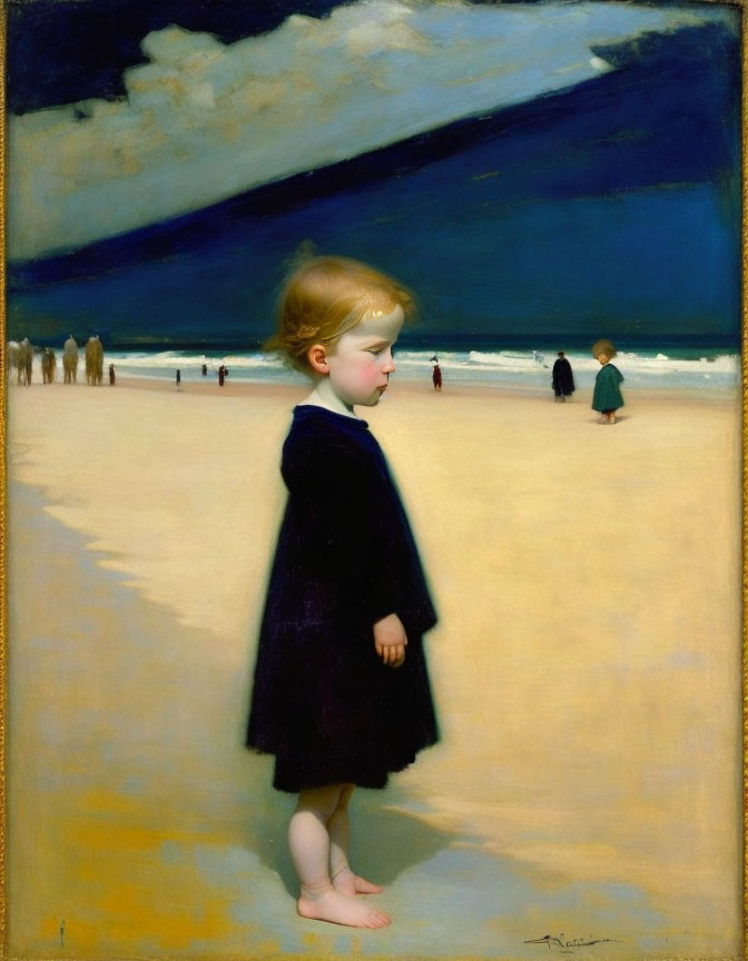 Young child in dark dress on beach with ocean background