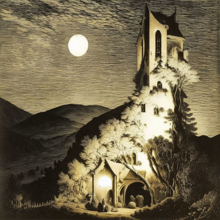 Night scene: Church on hill, full moon, dramatic sky, mountains.