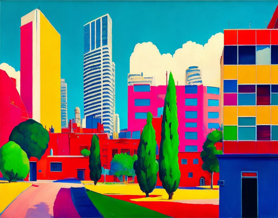 Colorful Cityscape with Skyscrapers and Geometric Building under Blue Sky