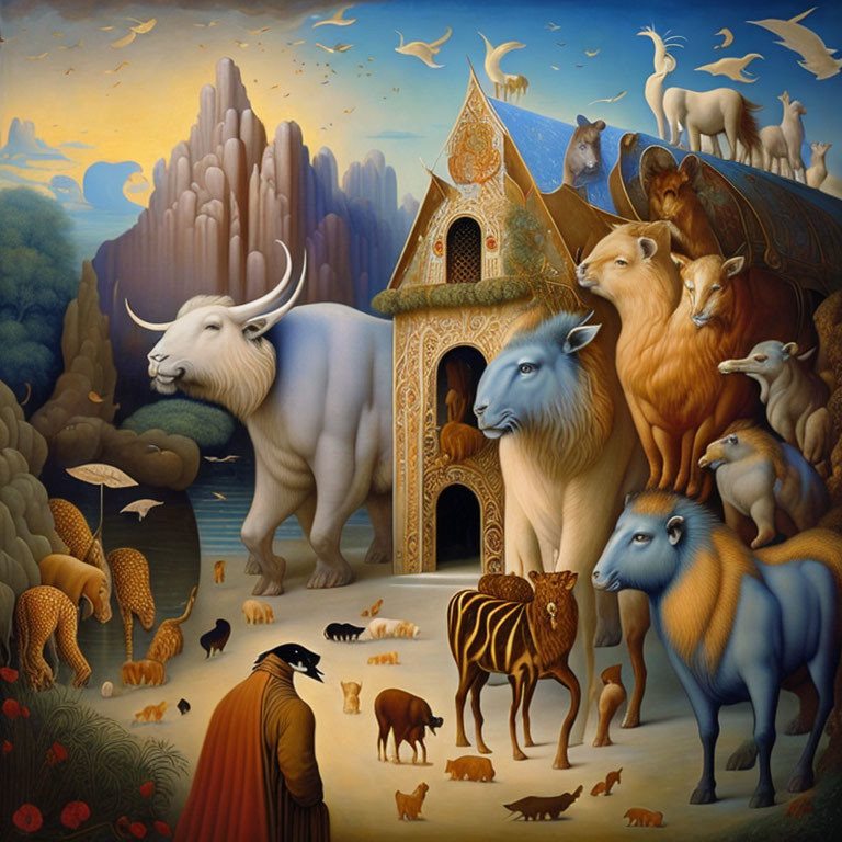 Surreal painting with animals, fantastical building, and rock formations