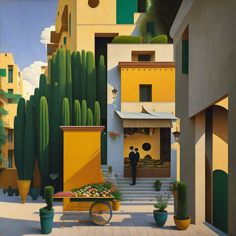 Sunlit Mediterranean street painting with cacti, colorful buildings, and people conversing.