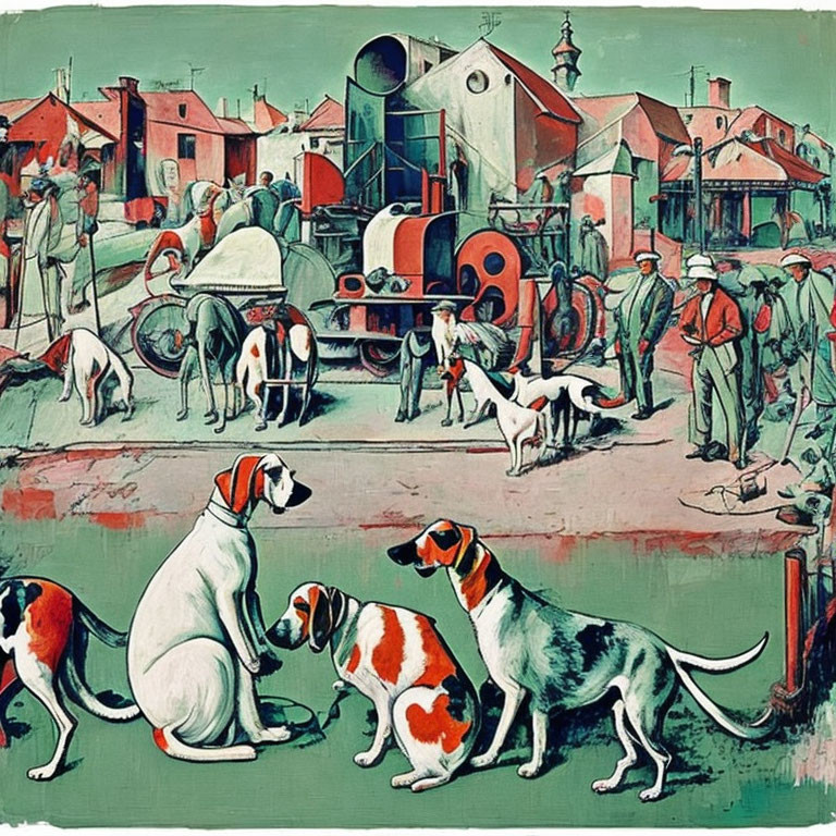 Village Scene Illustration with People, Dogs, and Steam Roller