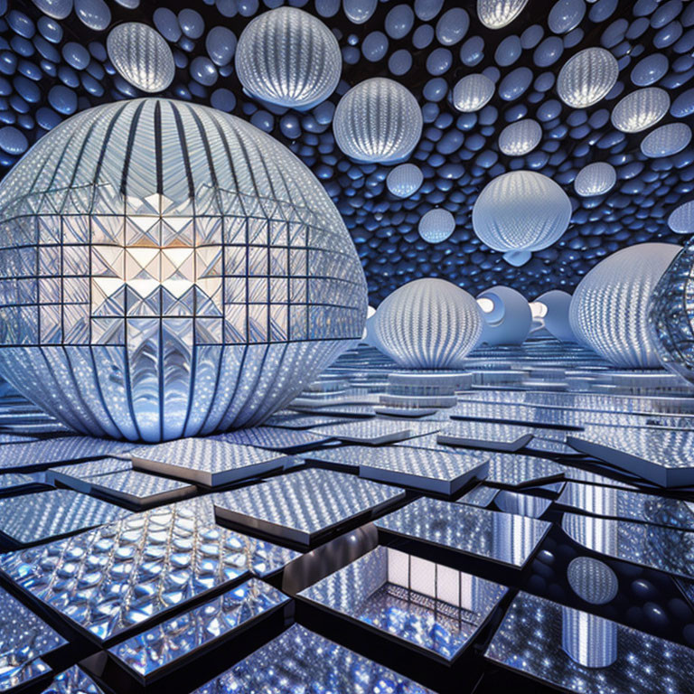 Futuristic Room with Spherical and Hexagonal Shapes and LED Lights