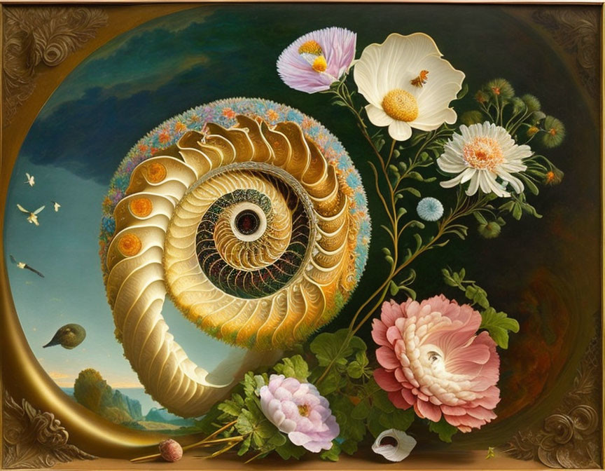 Ornate nautilus shell in vibrant floral oil painting