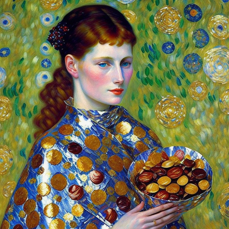 Portrait of woman with red hair, blue eyes, holding coins in blue and gold garment against vibrant backdrop