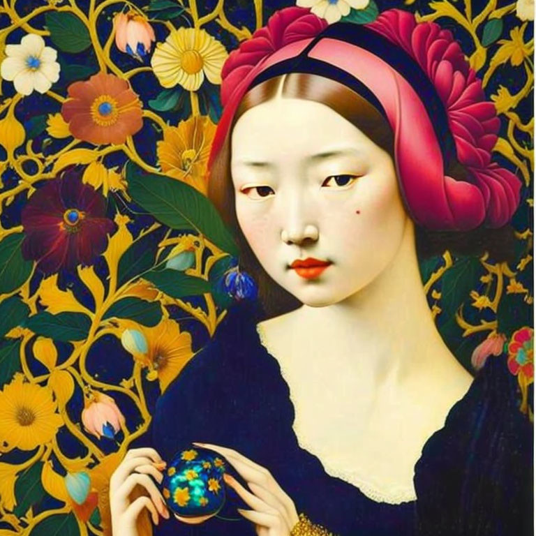 Woman with Red Headband in Floral Background Holding Adorned Sphere