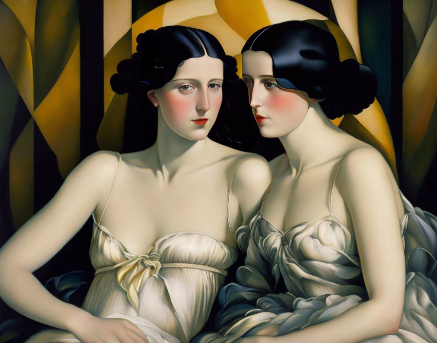 Stylized women with pale skin and dark hair in bobs against geometric backdrop