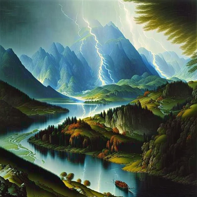 Scenic landscape painting with lightning, mountains, lake, river, forests, and boat