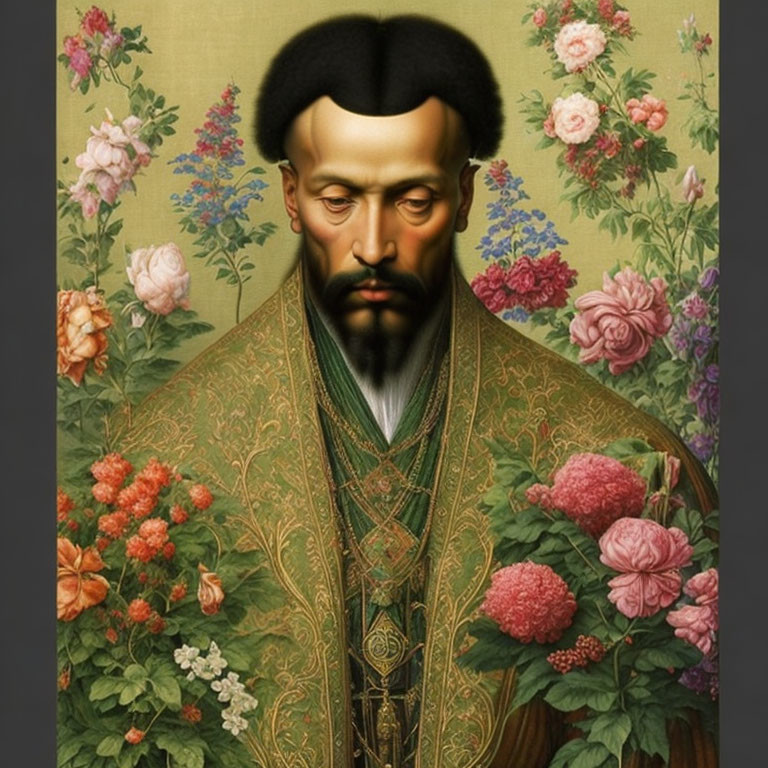 Renaissance man portrait with stylized beard and flowers