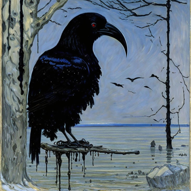 Black raven on icy branch in winter landscape with figure walking.