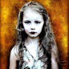 Young girl with long, curly hair in floral dress on golden-yellow backdrop