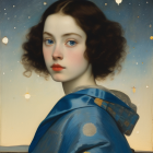 Portrait of woman with pale skin, dark hair, rosy cheeks, red lips, blue cloak with