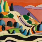 Colorful landscape painting with rolling hills, trees, and buildings in vibrant orange, blue, and green