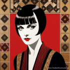 Stylized woman with bob haircut and bold makeup in ornate garment