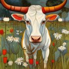 Colorful White Cow with Golden Horns in Flower Field Landscape