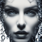 Woman's face with dark makeup and shimmering droplets for a mystical vibe