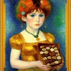 Young girl in gold dress with chocolates against Van Gogh-style background