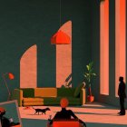 Colorful Interior Illustration with Man, Furniture, Plant & Dog