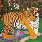 Colorful Tiger Painting with Floral Background