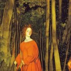 Woman in Orange Dress Standing in Sunlit Forest with Tall Trees